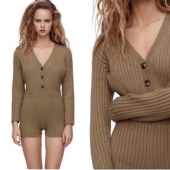 Zara Tan Ribbed Knit Jumpsuit - Picture 2 of 8